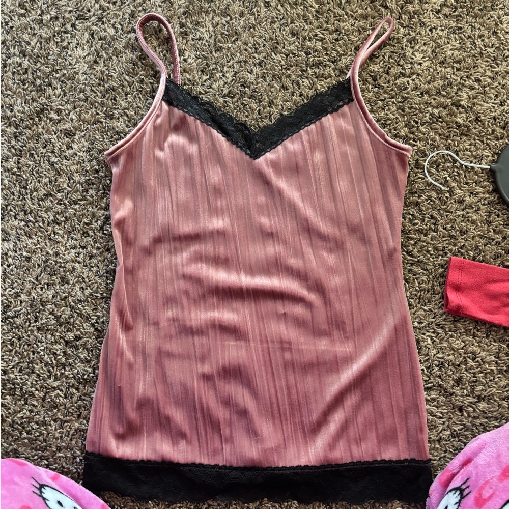 Pink Cami Top with Black Lace Trim